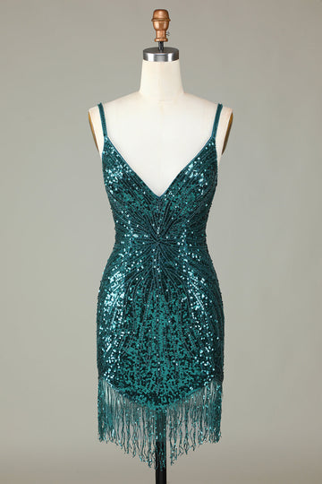 Sparkly Bodycon Spaghetti Straps Green Lace-Up Back Short Homecoming Dress with Beading